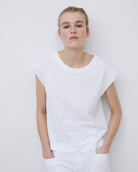 YERSE - T-shirt senza maniche con ricami, Bianco