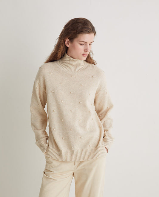 YERSE - Maglia misto lana con pompom, Ecru