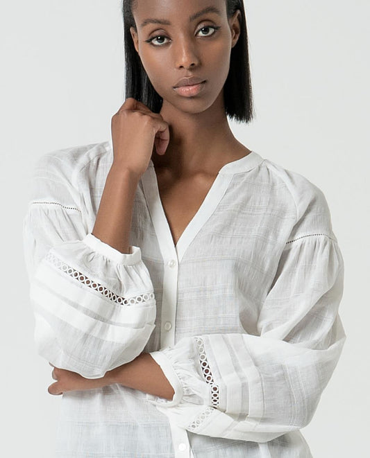 SURKANA - Blusa ricamata con manica a sbuffo, Bianco