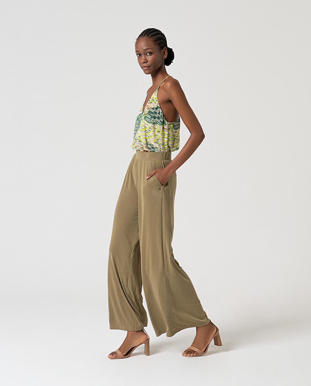 SURKANA - Pantalone wide leg elasticizzati, Kaki