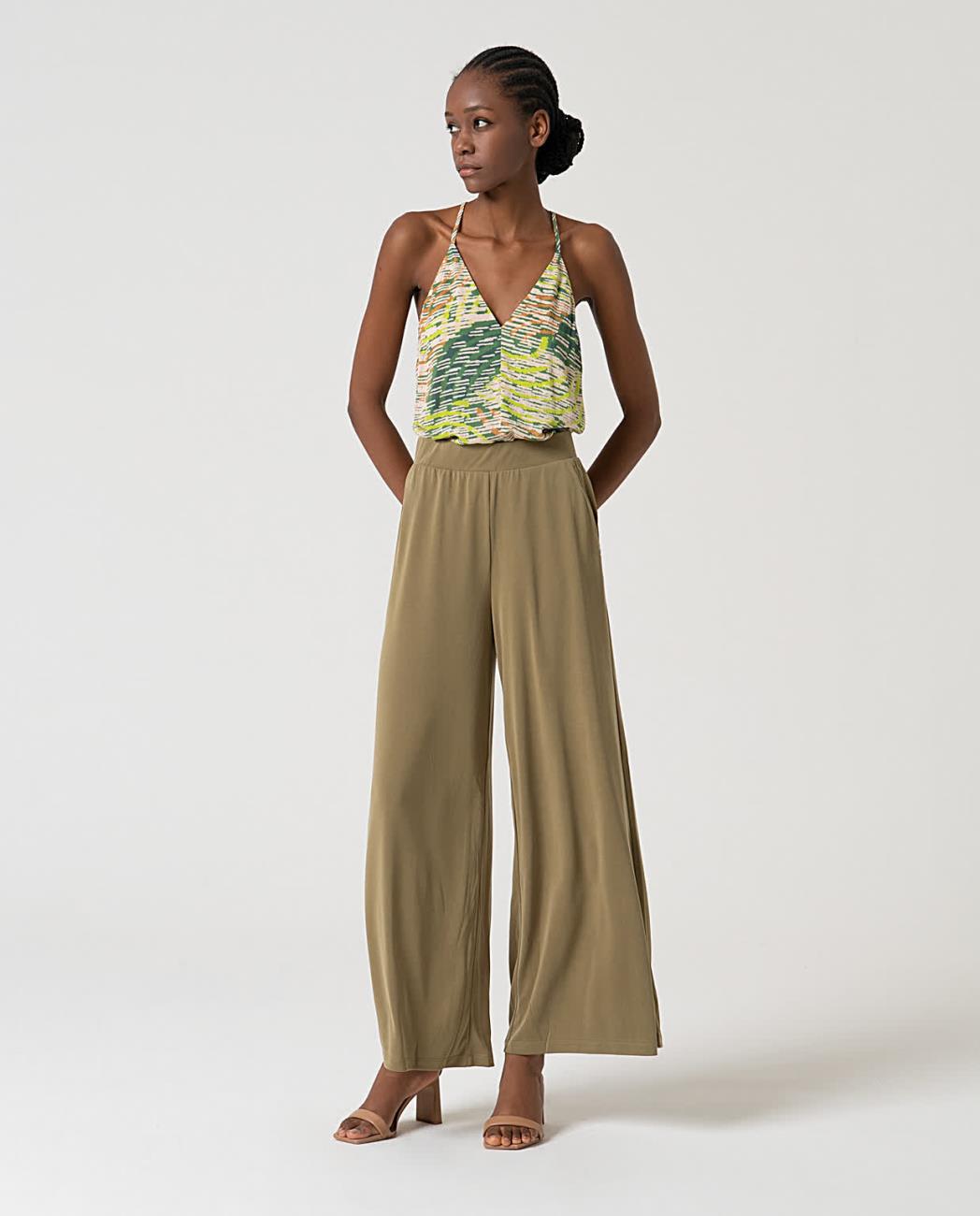 SURKANA - Pantalone wide leg elasticizzati, Kaki