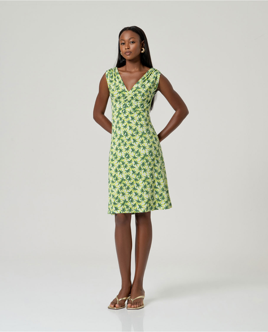SURKANA - Vestito spalle arricciate fantasia, Verde Chiaro