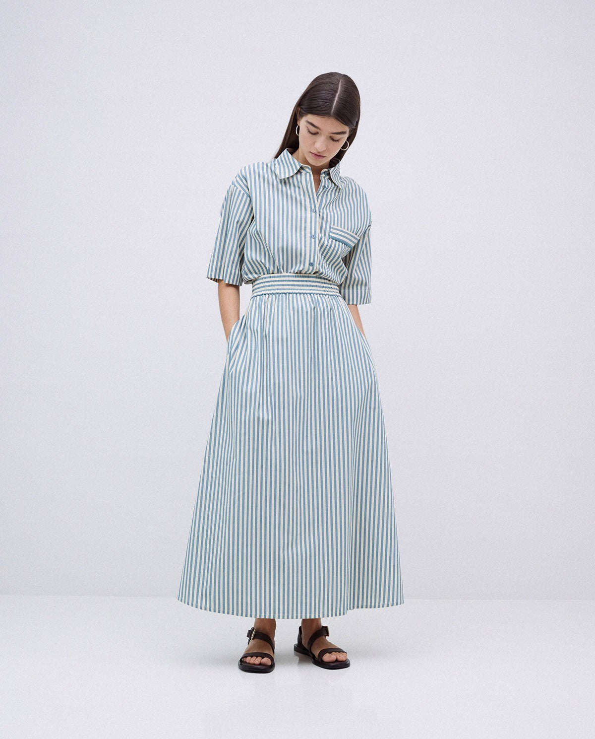 YERSE - Gonna midi a righe, Verde Acqua