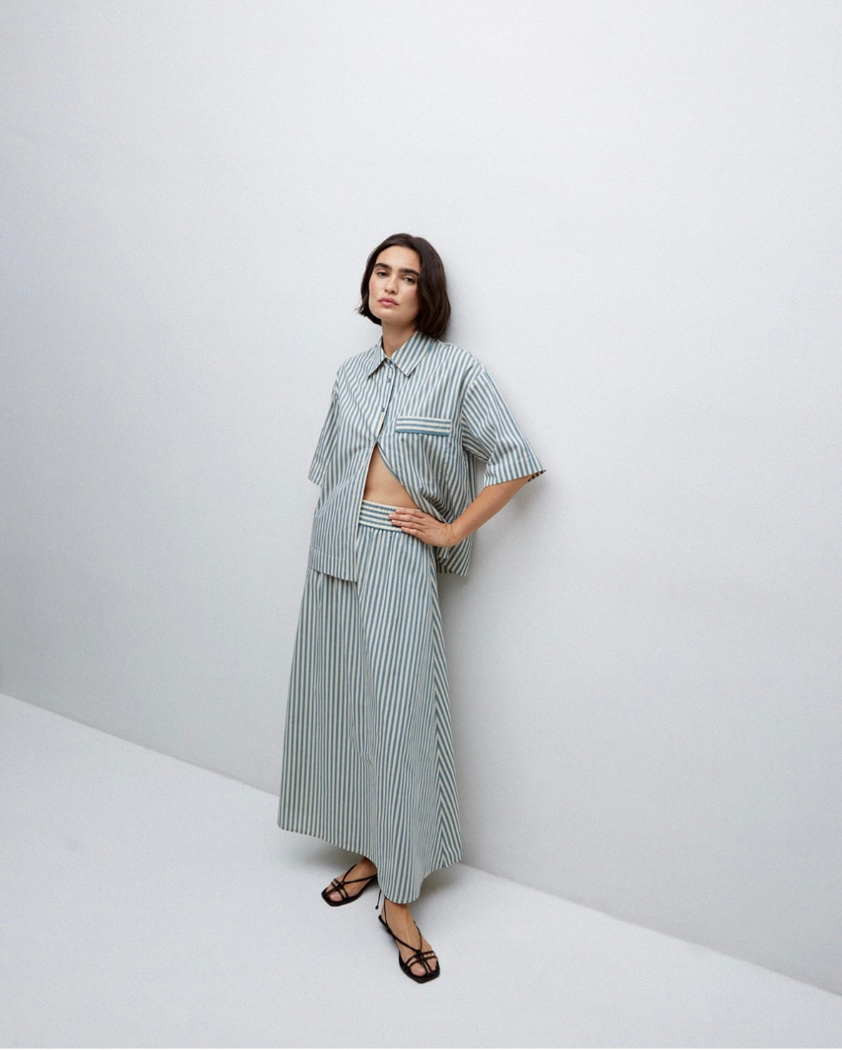 YERSE - Gonna midi a righe, Verde Acqua