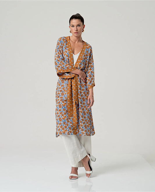 SURKANA - Kimono fantasia con cintura, Marrone