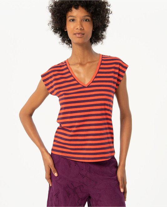 SURKANA - T-shirt a righe con scollo a V, Viola