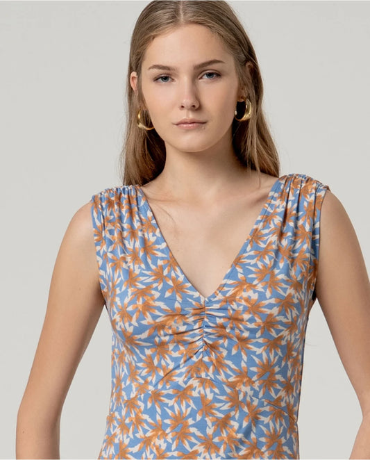 SURKANA - Vestito spalle arricciate fantasia, Blu Polvere
