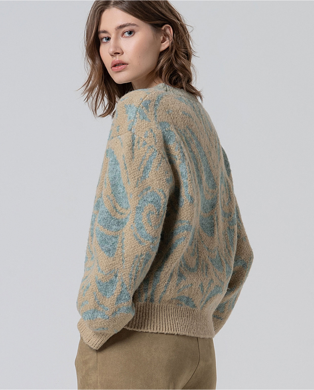 SURKANA - Maglione jacquard con manica a sbuffo, Azzurro