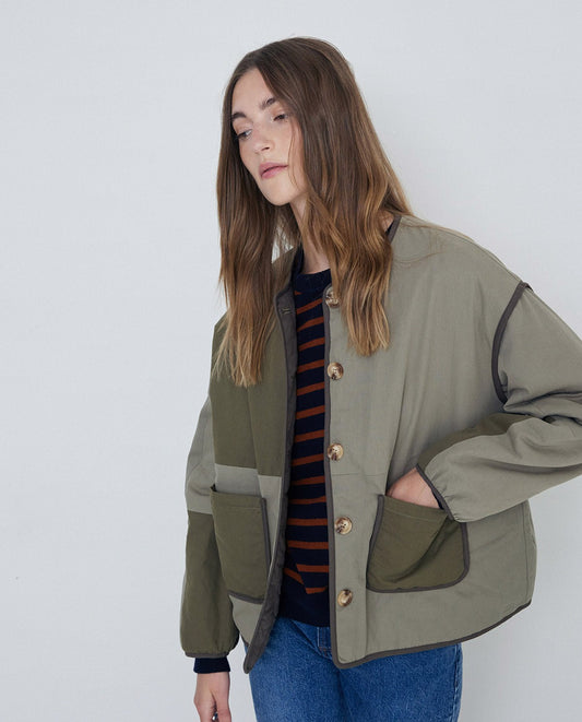 YERSE - Bomber in cotone patchwork double-face, Khaki