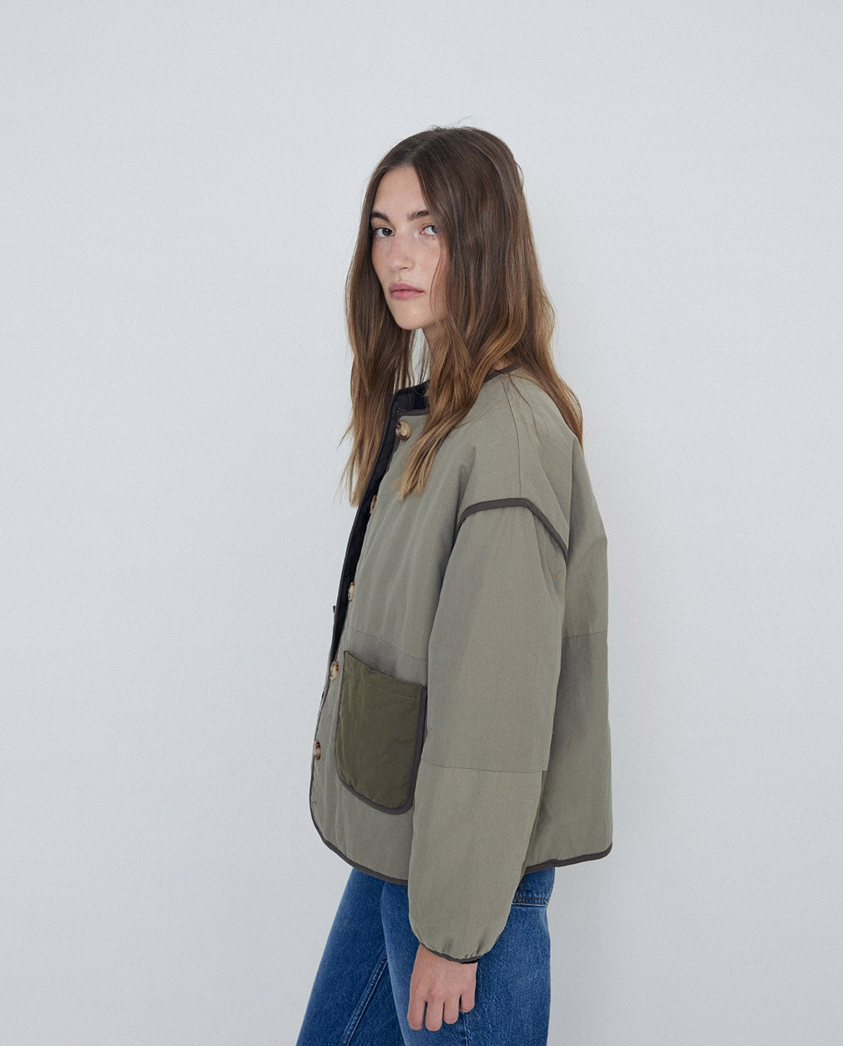 YERSE - Bomber in cotone patchwork double-face, Khaki